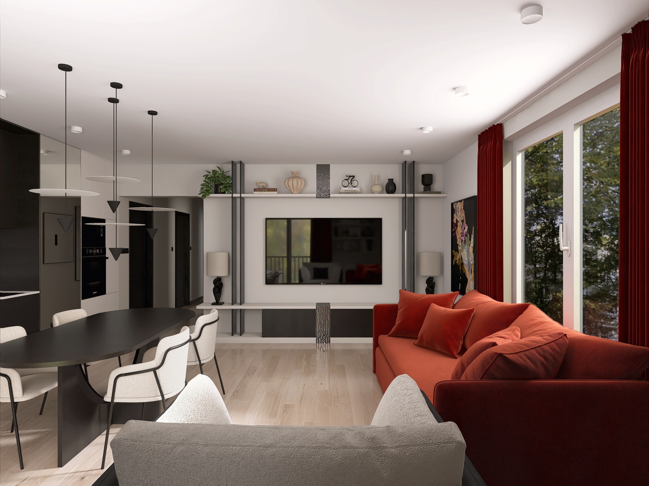 Projekt Centralna — salon, jadalnia i kuchnia