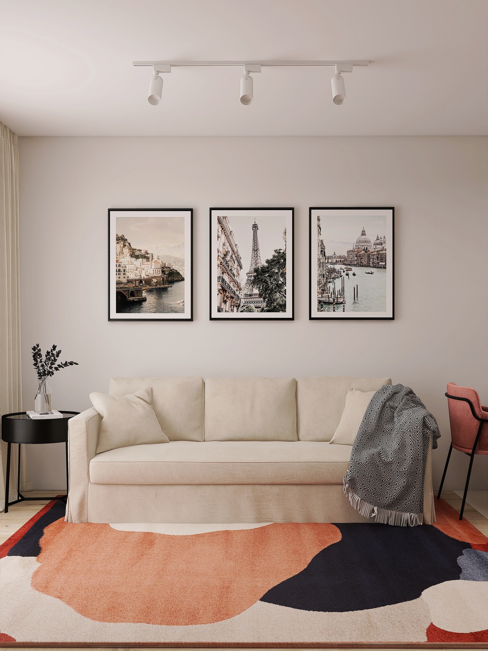 Salon — sofa i graficzny dywan